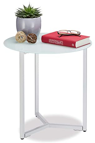 Relaxdays Mesa Auxiliar Redonda, Cristal-Metal, Blanco, 51 x 50 x 50 cm