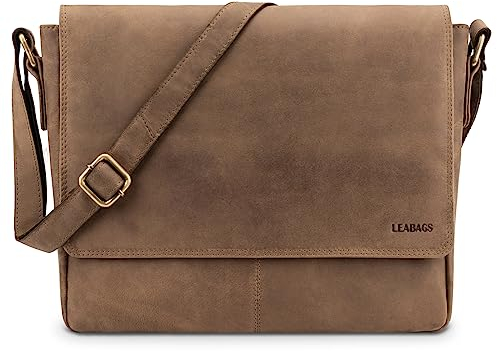 LEABAGS Sac bandoulière pour hommes et femmes | Sac ordinateur portable en cuir véritable 14 | Sac messager avec bandoulière | Sac à main | Sac de travail | Sac de transport | Naturel marron moyen