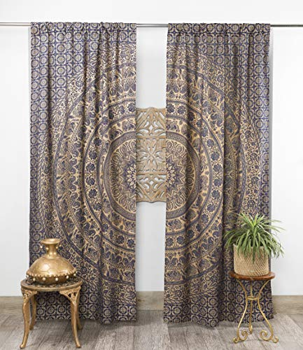 Popular Handicrafts Indischer Hippie, Bohemian, wunderschöner Elefant, Mandala Vorhangpaneele, Blau und Gold