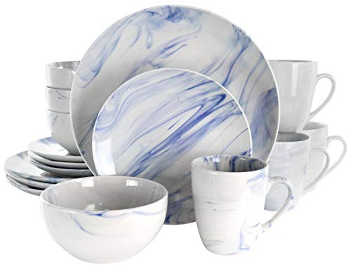 Elama Fine Round Gloss Dinnerware Dish Set, Stoneware, Blue and White Marble