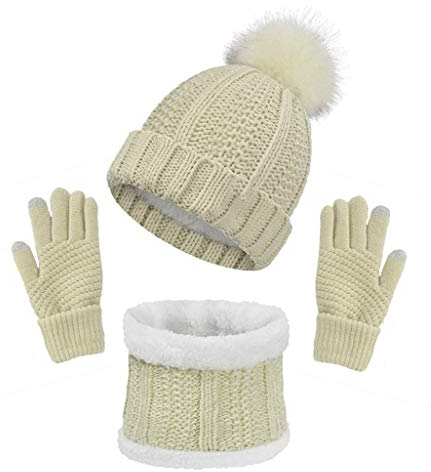 CheChury Schal Mütze und Handschuh Set Winter Kombi Set Strickmütze Beanie Handschuhe Winter-Schal Set Bommelmütze 3-teilig Winterset Beanie mit Pompon Touchscreen Handschuhe Geschenk,Beige,Onesize