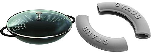 STAUB 40509-398-0 Wok en Fonte Mat avec Couvercle en Verre 37 cm, Noir & 1190797 Lot de 2 poignées en silicone