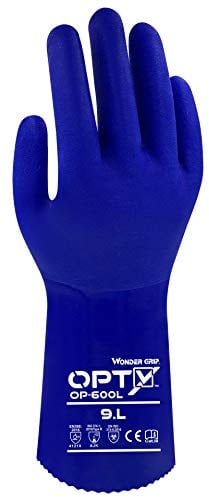 Wonder Grip OP-600L Opty - Chemiekalienschutzhandschuhe, Arbeitshandschuhe beständig gegen Öl und Chlorsäurebeständig, dreifache PVC Beschichtung, Anti-Rutsch Schutzhandschuhe, gr XL / 10, Blau