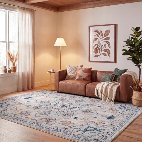 SAFAVIEH Boho Teppich für Wohnzimmer, Esszimmer, Schlafzimmer - Madison Collection, Kurzer Flor, Elfenbein und Hellblau, 244 X 305 cm