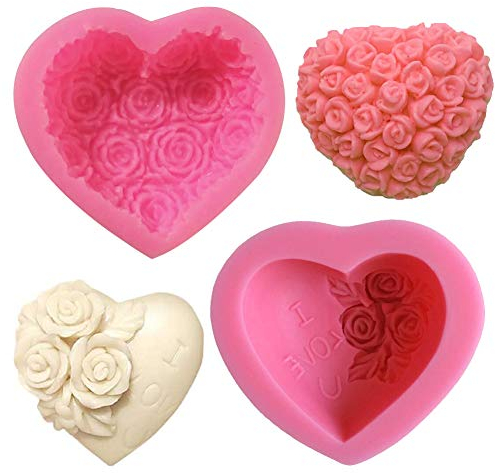 SUNSK Silikon Fondant Kuchen Formen 3D Rosen Blumen Herz Silikonformen Schokoladenformen DIY Kuchen Süßigkeiten Gelee Backformen Tortedeko 2 Stück