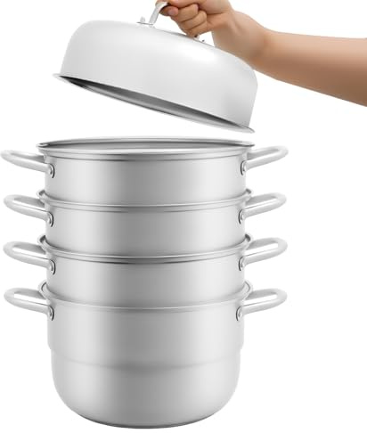 Dampfgarer 5 Etagen Edelstahl Dampfkochtopf 32CM Stapelbar Dampfkocher Dampf Kochtopf Suppentopf mit Glasdeckel
