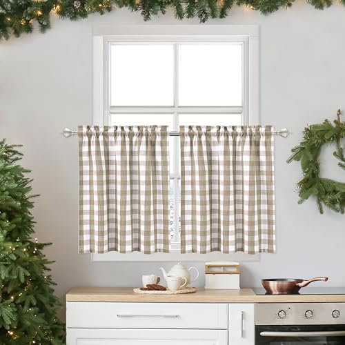 Lot de 2 rideaux courts en lin rustique à carreaux de buffle beige pour cuisine, salle de bain, cuisine, cuisine, cuisine, salle de bain, 61 cm de long, beige