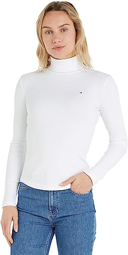 Tommy Hilfiger Damen Pullover Slim Rib Roll-Neck Rollkragen, Weiß (Ecru), XL