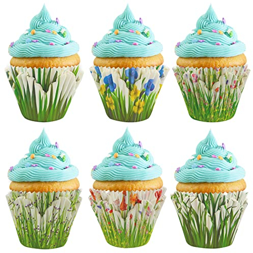 300 Stück Muffinförmchen Papier Cupcake Formen 6 Arten Grünes Gras mit Blumen Muster Cupcake Formen Papier Muffins Backförmchen Fällen Liners Wrapper für Dessert Hochzeit Geburtstag Party