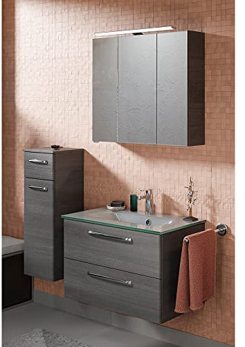 Lomadox Badmöbel Set mit Waschtisch 77 cm Waschtischunterschrank Glas Waschbecken Unterschrank Spiegelschrank Aufbauleuchte in Graphit Struktur quer