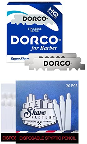Dorco 100 Stainless Steel Single Edge Razor Blades + 20 hämostatische Streichhölzer Shave Factory