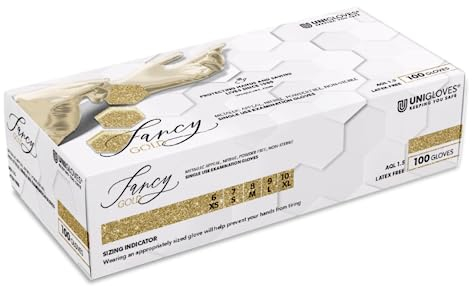 UNIGLOVES - Passgenaue FANCY Gold Einweghandschuhe aus Nitril | Lebensmittelecht, puderfrei & latexfrei | hohe Festigkeit & Haltbarkeit | 100 Stück | Einmalhandschuh XL