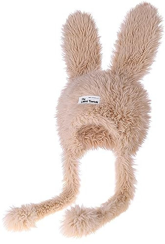 Kunstpelz Bunny Beanie Hüte für Frauen Niedliche Kaninchen Beanie Wintermütze Mama Kinder Warme Skull Cap Y2K Slouchy Hat, Khaki, Small