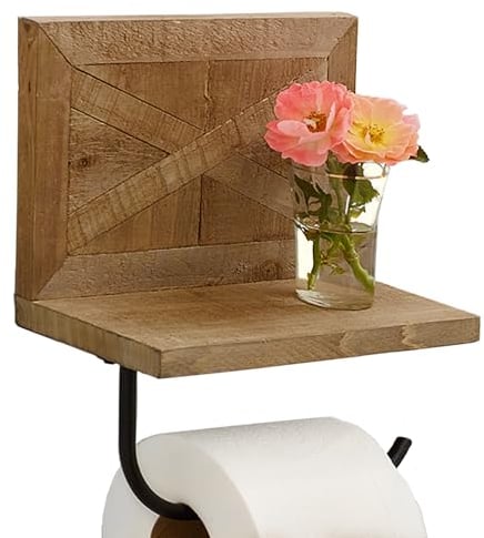 Autumn Alley Farmhouse Toilettenpapierhalter mit Ablage – Atemberaubende Scheunenholz Bauernhaus Badezimmer Dekor für Wand – Fachmännisch eingelegtes Holz mit mattschwarzer Stange für rustikale