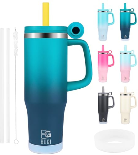 BOGI 40oz Tumbler with Straw and Lid,Leakproof Coffee Cup Travel Mug,Double Walled Insulated Tumbler Cup with Handle and Dust-Proof Cap,Reusable Stainless Steel Tumbler for Cold and Hot | Dark Blue