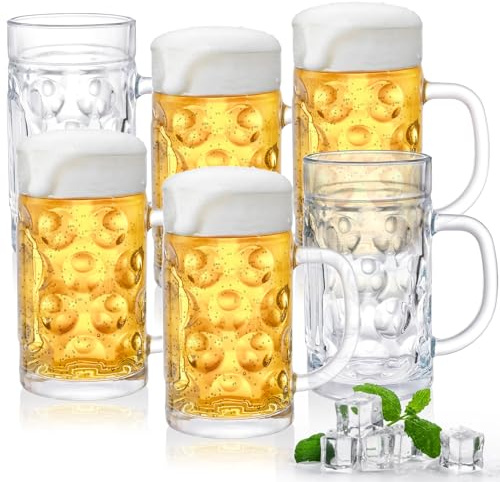 Yesland 6 Pack Beer Mugs with Handle, 20 oz Freezer Safe Glass Steins, Heavy Duty Large Beer Glasses for Bar, Party, Home Use, Clear