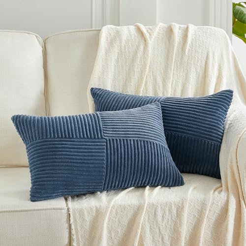 FDTERN 2er Set Denim Blau Boho Dekorativ Kissenbezug 30x50 mit Diagonales Gestreiftes Muster Weich Kordsamt Kissenhülle Zierkissenbezüge Sofakissen Dekokissen Deko für Sofa Schlafzimmer Wohnzimmer
