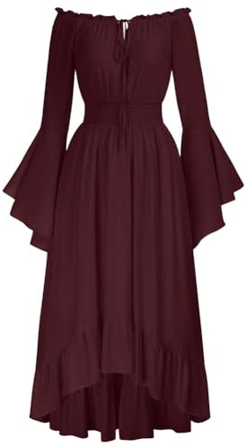 SCARLET DARKNESS Womens Medieval Dress Vintage Victorian Dresses Off The Shoulder Long Sleeve High-Lo Maxi Dresses for Women UK Dark Red L