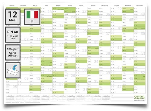 Kalenderoutlet DIN A0 1 x Wandkalender Jahresplaner 2025 großes Format 118,8 x 84,0 cm Material 135g/m2 gefaltet - Italienisch