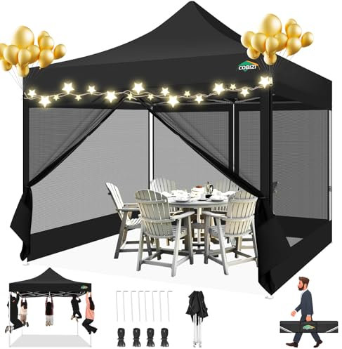 COBIZI tonnelle Barnum Pliant 3x3m avec 4 pièces de moustiquaire, Robuste Tente de fête Facile à Installer, imperméable et protégée Contre Les UV, Hauteur réglable, avec Sac de Transport,Noir