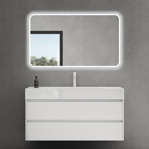 doporro Meuble de Salle de Bain Blanc Mat Ensemble de 3 Pièces Meuble avec Lavabo 120cm et LED Miroir Design Deep avec 2 Tiroirs