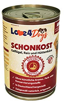 Love4Dog´s Nassfutter SCHONKOST für ausgewachsene Sensible Hunde | 6x400g | Geflügel mit Reis und Hüttenkäse | Hundenassfutter | Alleinfutter | ohne Zusatzstoffe
