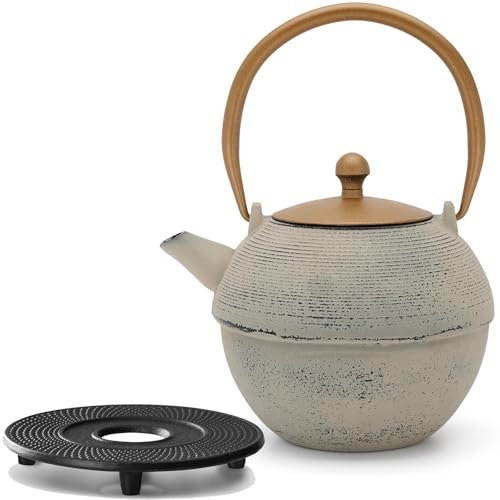Gusseisen Teekanne Set Induktion1.2 Liter - graue Gusskanne asiatisch & Edelstahl Tee-Filter Sieb-Einsatz für losen Tee & Untersetzer