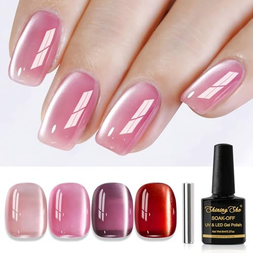Shining She Gel Nail Polish Magnetic, 4 Colours Nude Pink Red Cat's Eye Gel Nail Polish with Magnet Soak-Off UV/LED Jelly Glass Crytal Gel Nail Polish for Nail Art Salon DIY Home, 8 ML