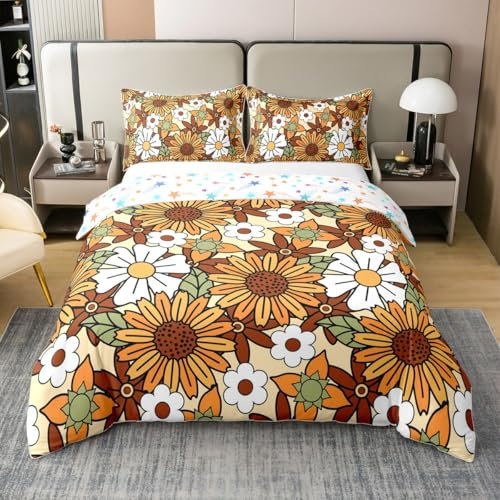 Homemissing Retro Hippie Flower Bedding Duvet Cover 100% Cotton Set Single Size 60S 70S Groovy Bedding Set Vintage Plant Floral Blossom Botanical Comforter Cover Set Orange Bedspread Cover