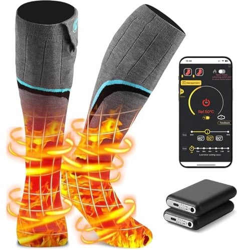 Heated Socks,USB Rechargeable Heating Socks 5000 mAh with 3 Levels of Temperature Settings & APP Control, Winter Foot Warmer for Men Women Outdoor Skiing, Winter Camping, Hiking