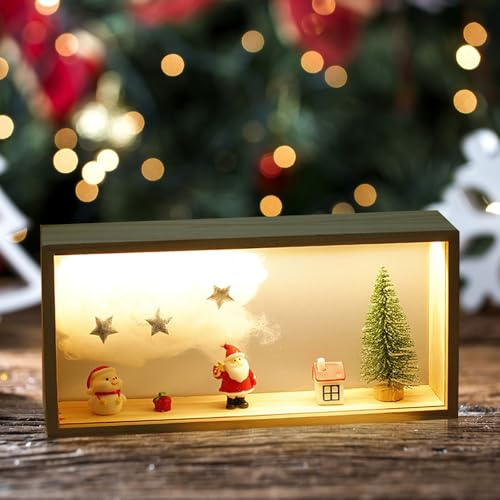 Axijobs 3D Weihnachtsnachtlicht Fotorahmen, Weihnachtlich Gefüllter Leuchtender Fotorahmen, LED Weihnachtsmann Dekorationsartikel Ausstellungsrahmen, Mini Weihnachtsbaumschmuck Holzobjektrahme