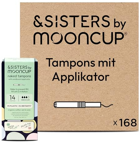 &Sisters® Mooncup Medium/Super Plus Flow Cardboard Applicator Tampons, Organic Cotton Veil & Core, 168 Tampons