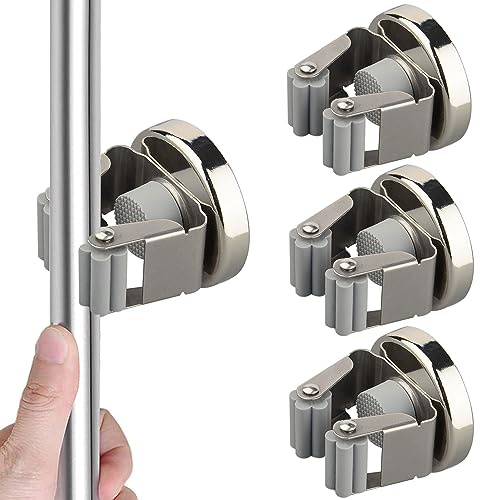 MUTUACTOR Crochet magnétique robuste, porte - balai magnétique fort support mural, sans perçage porte - balai mobile pour rangement et gestion des outils de lavage de cuisine de garage (Pack de 4)