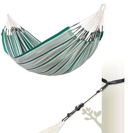 LA SIESTA® Modesta Bio-Baumwoll Hängematte & Baum- & Pfosten-Befestigung, Gurten für Baumen Balken Pfosten - Indoor Outdoor Hängematte für Garten Balkon - Doppel Hängematte für 2 Personen, Agave