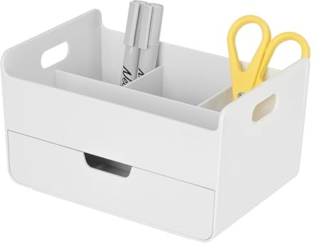 BLUE GINKGO Tragbarer Schreibtisch-Organizer – kompakte 3 Fächer, halbe Schublade, Stifthalter, Schreibwaren-Schreibtisch-Organizer für Büro, Make-up, Handwerk (hergestellt in Korea, Weiß)