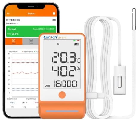 Elitech Bluetooth Temperatur und Feuchtelogger mit zwei Externen Sensoren Messbereich -40°C bis 85°C 0-100% RF 100000 Datenpunkte IP64, Kalibrierzertifikat, GSP-6Pro-GLE+THE