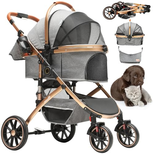 YITAHOME 3in1 Klappbar Hundewagen, Hundebuggy Bis 22kg, Hunde Buggy, Leichter Aluminiumrahmen, Federnde Räder, Katzenkinderwagen mit Becherhalter und tragbarer Rucksack, für Hunde & Katz (Grau)