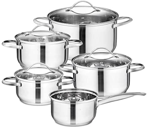 Cooking Pot, Frying pan,Cookware Set Kitchen Stainless Steel 9-Piece Set,Non Stick Saucepan,Casserole with Glass lid Vision