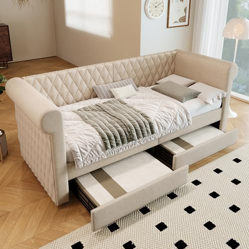 Luxeza Vintage Kopfteil Polsterbett Sofabett 90x200 cm, Schlafsofa Tagesbett mit 2 Stauraum Schubladen, Kinderbett Jugendbett Bettgestell mit Lattenrost aus Holz, Linen(Ohne Matratze) (Beige)