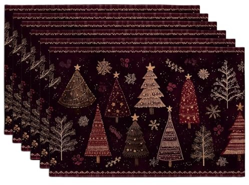 Christmas Trees Placemats, Burgundy Holiday Table Mats for Dining, Non-Slip Washable Indoor Outdoor Decorative Placemat Set of 6
