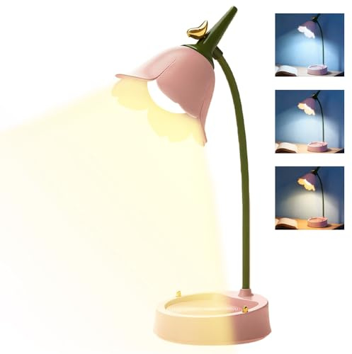 Calenxy Schreibtischlampe Kinder, USB Wiederaufladbar Blume Tischlampe mit 3 Farbtemperaturen Dimmbare LED Nachttischlampe mit Touchsensor&Flexibles Arm Mädchen Lampe Kinderzimmer für Lesen Lernen
