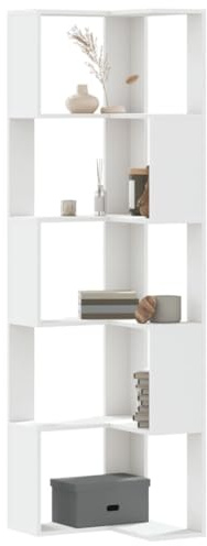 Bucmath Eck-Bücherregal 5 Böden Weiß, 50x50x179 cm Holzwerkstoff, Standregal für Bücher, Akten, Deko, Vielseitiges Aufbewahrungsregal für Wohnzimmer, Büro