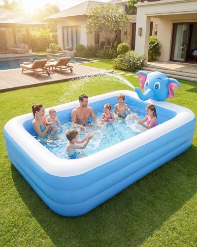 3 Ring Large Inflatable Swimming Pool with Funny Elephant Sprinkler for Garden, 2M Rectangular Family Paddling Pool for Kids & Adults, Durable Blow Up Lounge Pool (Light blue)