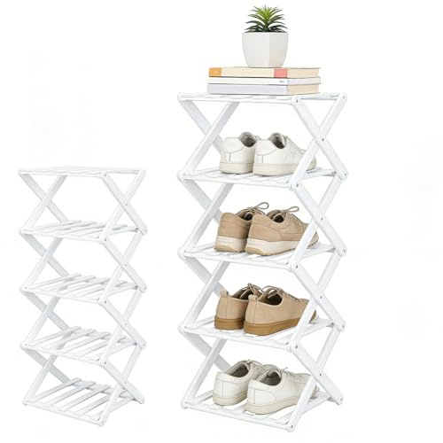 Tutamaz Zapatero estrecho, zapatero plegable, estantes altos de varias capas, ahorro de espacio, zapatero pequeño, zapatero para escaleras, pasillo, cocina, dormitorio (blanco-5 niveles)