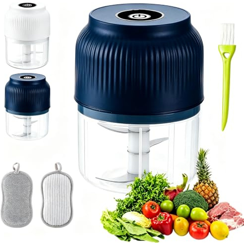 Household Electric Garlic Crusher, USB Rechargeable Multi-Functional Electric Food Chopper with Stainless Steel Blade, Portable Mini Food Processor for Nuts Ginger Onion Fruit Meat (Blue,3 blade)