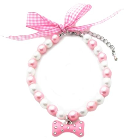 PetFavorites Necklace with Bling Pearls Rhinestones Bone Charm for Pets, 8-Inch, Pink
