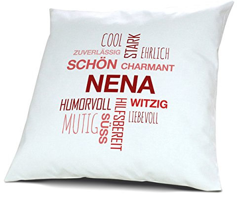 printplanet Kopfkissen mit Namen Nena - Motiv Positive Eigenschaften Tagcloud Rot, 40 cm, 100% Baumwolle, Kuschelkissen, Liebeskissen, Namenskissen, Geschenkidee
