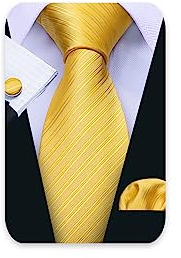 Barry.Wang Mens Yellow Gold Ties Silk Solid Color Necktie With Handkerchief Cufflinks Set in Gift Box