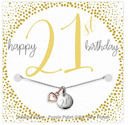 Purple Piglet Gifts 21st Birthday Gift For Young Woman - Personalised Sterling Silver Necklace Engraved Disk With Rose Gold Heart Pendant - Versatile Jewellery - Happy 21st Birthday - Gift Boxed