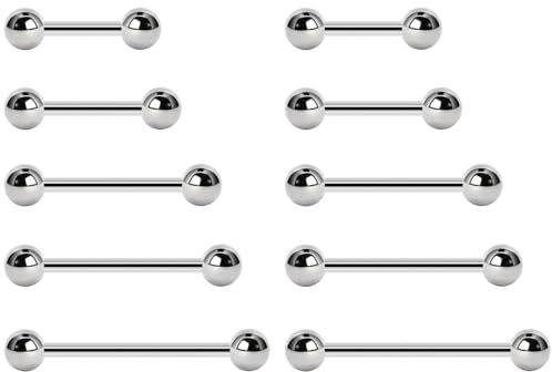 NewkeepsR 5 paires 1.6mm acier fileté extérieurement anneau de langue mamelon Barbell Bar corps Piercing 8mm 10mm 12mm 14mm 16mm